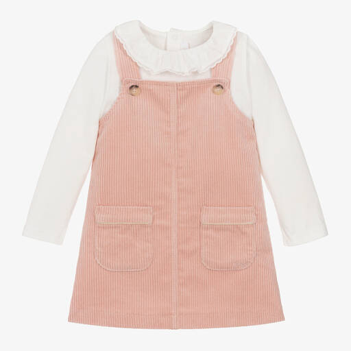 Chloé-Girls Pink Corduroy Pinafore Dress Set  | Childrensalon