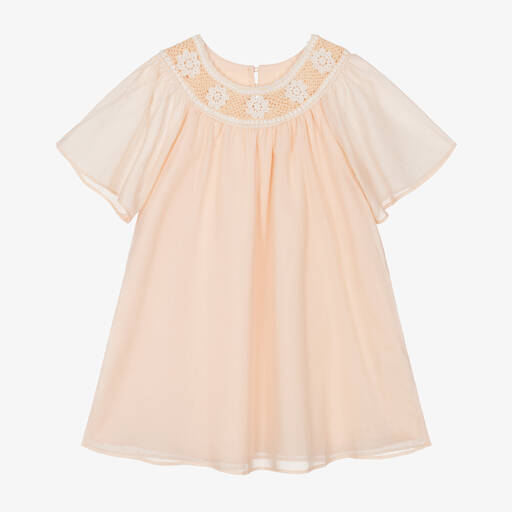 Chloé-Girls Pink Cotton Voile & Crochet Dress | Childrensalon