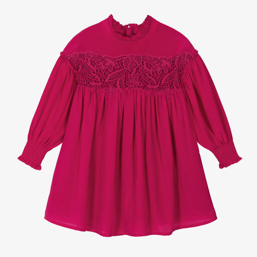 Chloé-Girls Pink Silk Guipure Lace Dress | Childrensalon