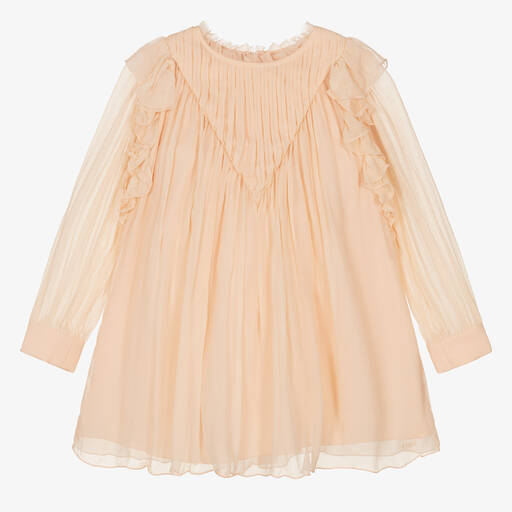 Chloé-فستان حرير مزين بكشكش لون زهري | Childrensalon