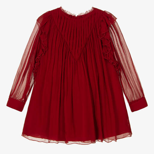 Chloé-فستان حرير شيفون مزين بكشكش لون أحمر برغندي | Childrensalon