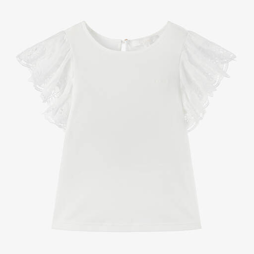 Chloé-Girls White Cotton Ruffle-Sleeve T-Shirt | Childrensalon