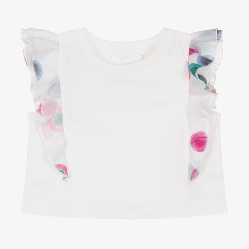 Chloé-Girls White Cotton Ruffles T-Shirt | Childrensalon