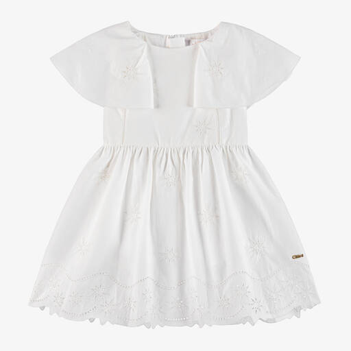 Chloé-فستان قطن عضوي مطرز لون أبيض للبنات | Childrensalon
