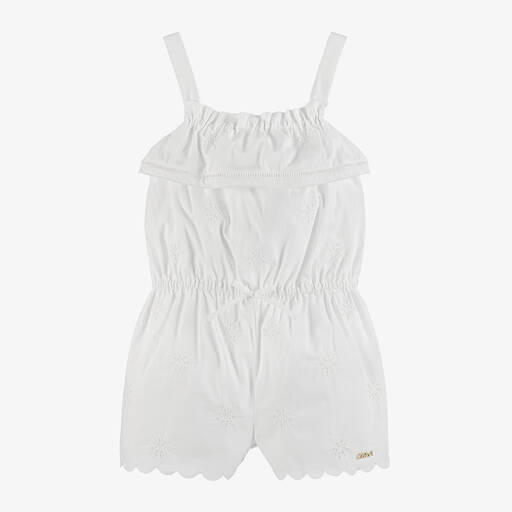 Chloé-Girls White Embroidered Cotton Playsuit | Childrensalon