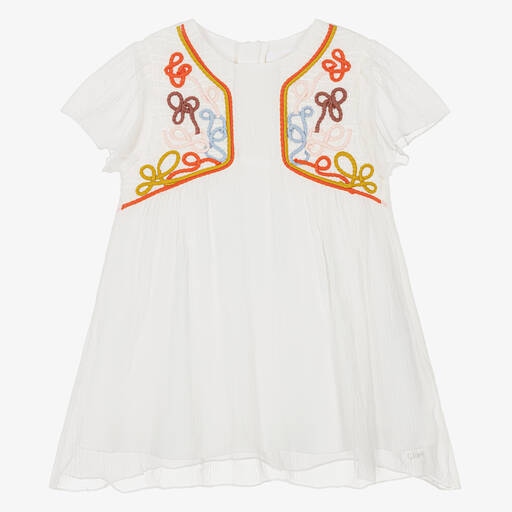 Chloé-Girls White Silk Embroidered Dress | Childrensalon