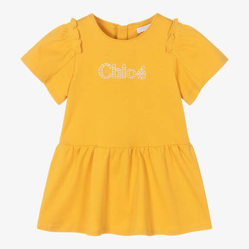 Chloé-Girls Yellow Cotton Frill Sleeve Dress | Childrensalon