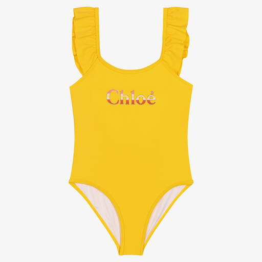 Chloé-Girls Yellow Ruffle Logo Swimsuit | Childrensalon