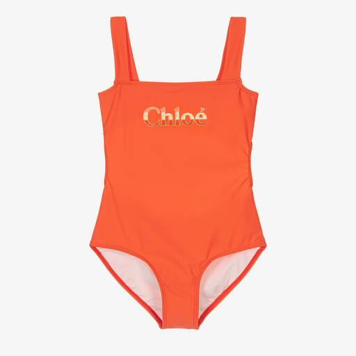Chloé-Teen Girls Coral Orange Logo Swimsuit | Childrensalon