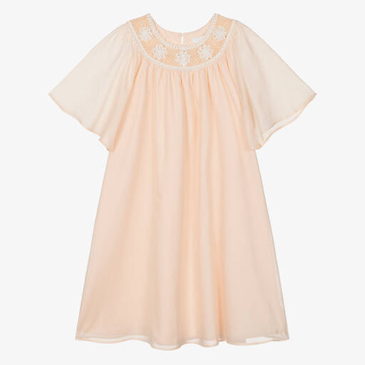 Chloé-Teen Girls Pink Cotton & Crochet Dress | Childrensalon