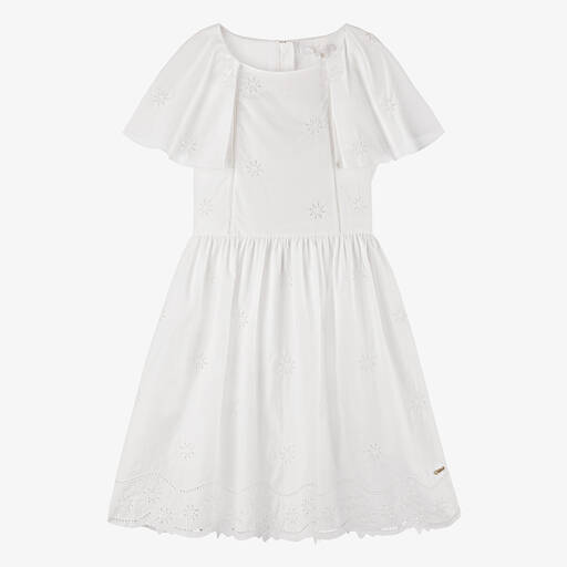 Chloé-Teen Girls White Cotton Cutwork Dress | Childrensalon