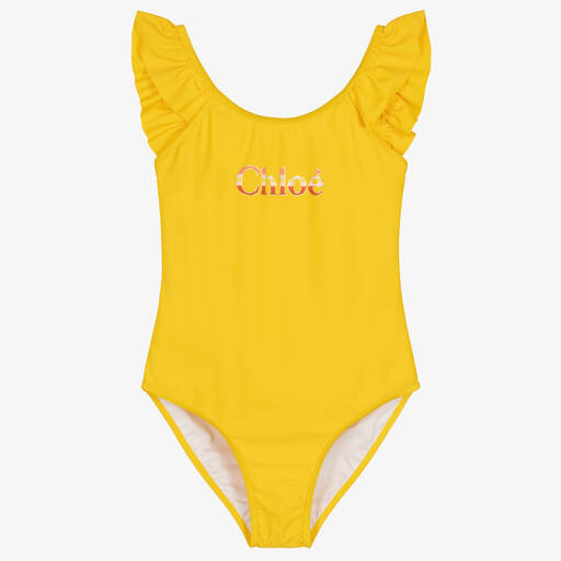 Chloé-Teen Girls Yellow Ruffle Logo Swimsuit | Childrensalon