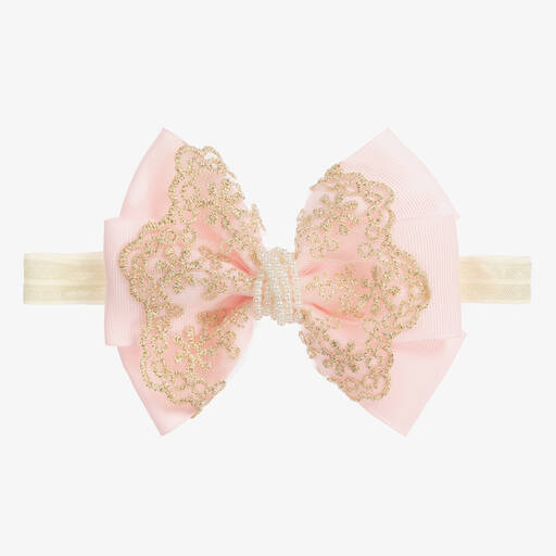 Cute Cute-Large Pink Bow with Gold Lace & Pearls Headband | Childrensalon