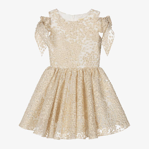 David Charles-Girls White Georgette & Gold Brocade Dress | Childrensalon
