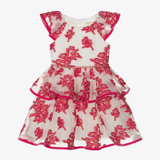 David Charles-Girls White Georgette & Pink Brocade Dress | Childrensalon