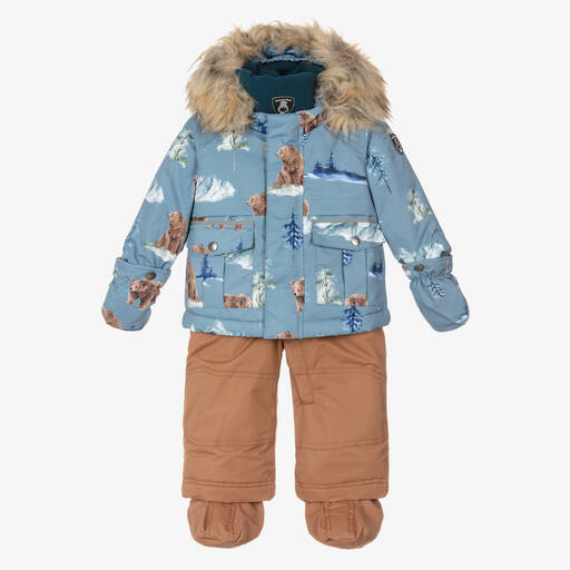 Deux Par Deux-Голубая куртка с медведями и коричневый зимний комбинезон | Childrensalon