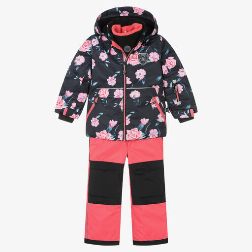 Deux Par Deux-Girls Black & Pink Floral 2 Piece Snowsuit Set | Childrensalon