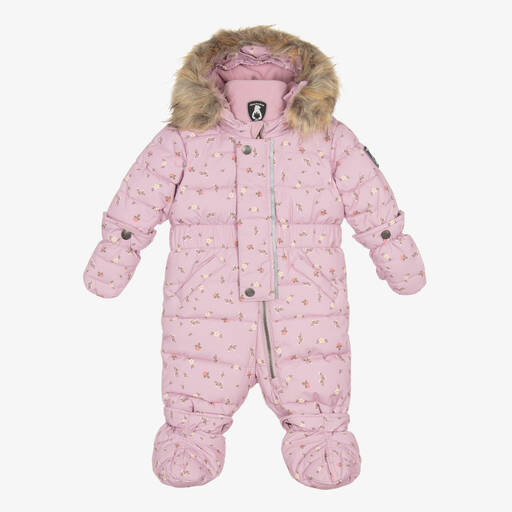 Deux par Deux-Pink Floral Print Hooded Baby Snowsuit  | Childrensalon