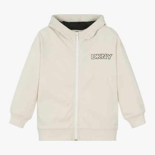 DKNY-Beige Cotton Hooded Zip-Up Top | Childrensalon