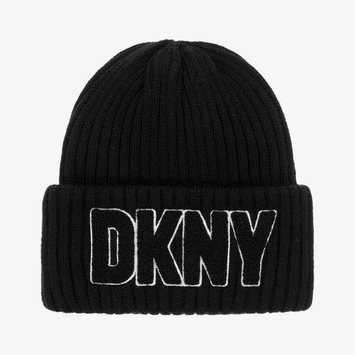 DKNY-Black Embroidered Knitted Beanie  | Childrensalon