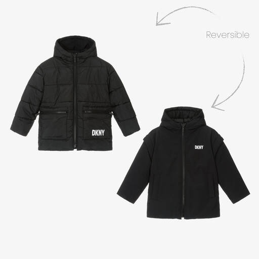 DKNY-Black Reversible Hooded Puffer Coat | Childrensalon