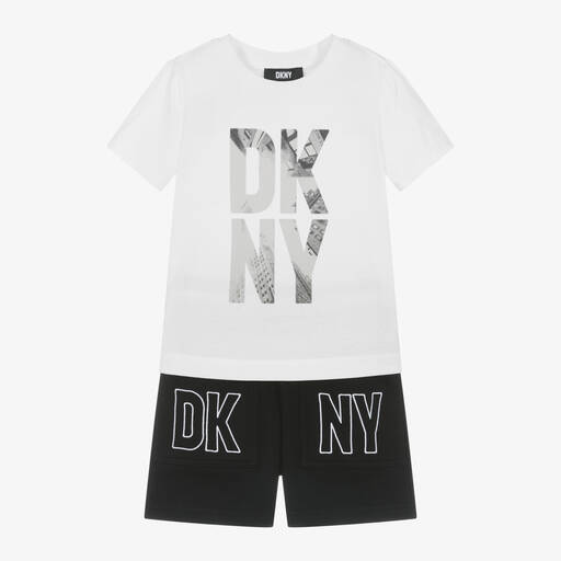 DKNY-Boys White & Black Cotton Shorts Set | Childrensalon