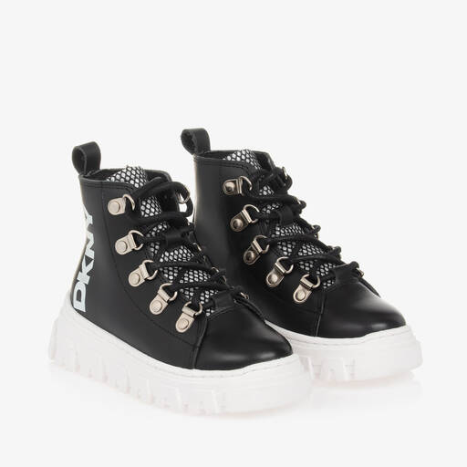 DKNY-Girls Black Leather Lace-Up Boots | Childrensalon