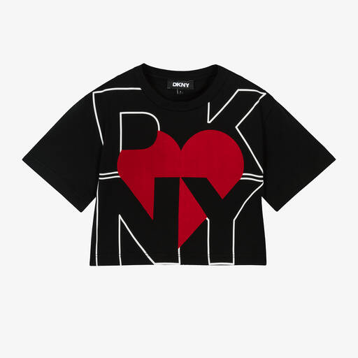 DKNY-Girls Black Organic Cotton Heart T-Shirt | Childrensalon