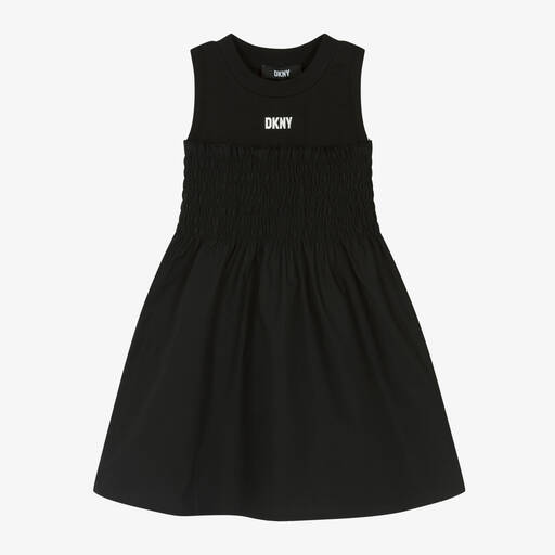 DKNY-Girls Black Shirred Cotton Dress | Childrensalon
