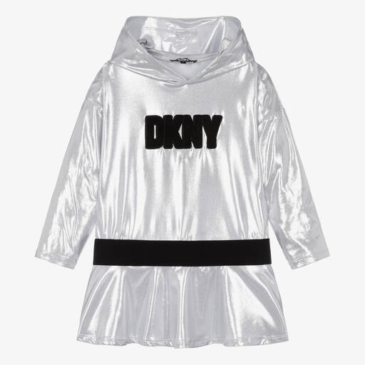 DKNY-Girls Metallic Silver Hooded Dress | Childrensalon