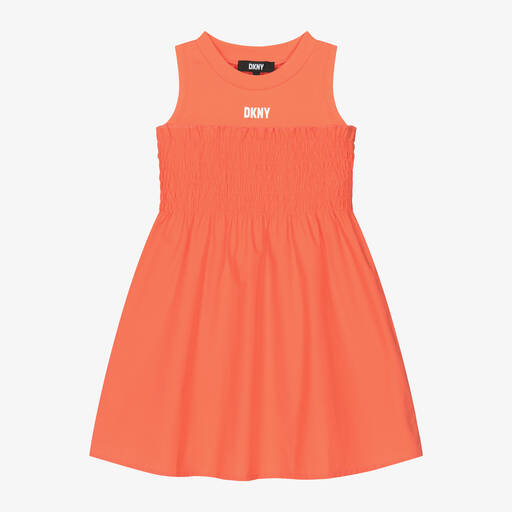 DKNY-Girls Orange Shirred Cotton Dress | Childrensalon