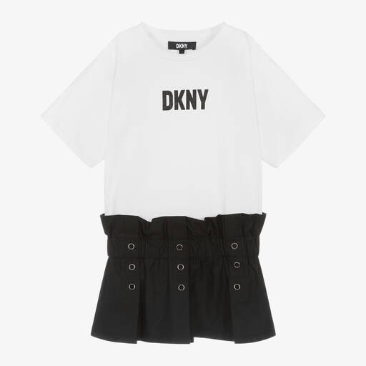 DKNY-Girls White & Black Cotton Dress | Childrensalon