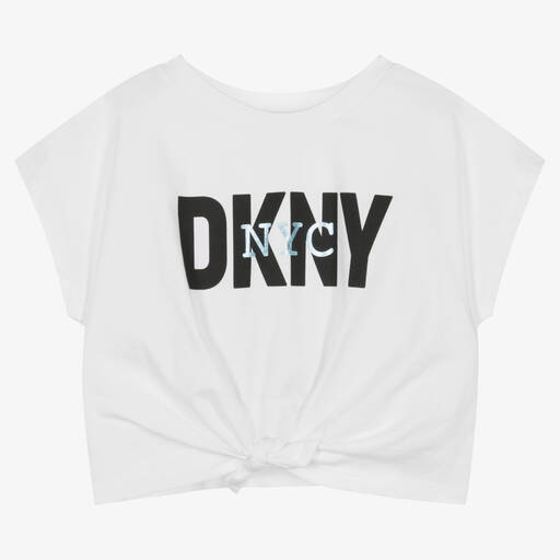 DKNY-Girls White Cropped Logo T-Shirt | Childrensalon