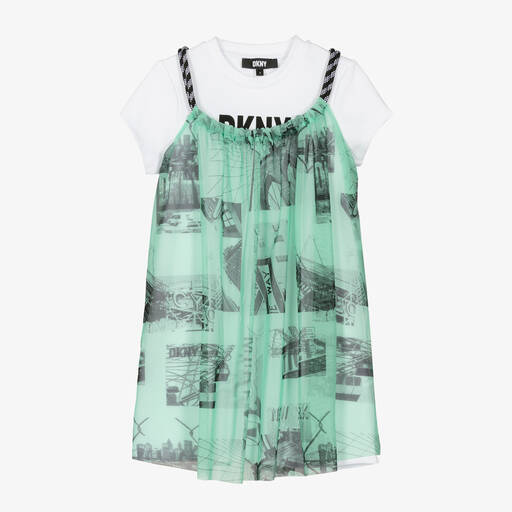 DKNY-فستان 2 في 1 ميلانو جيرسي وشبك لون أخضر وأبيض | Childrensalon