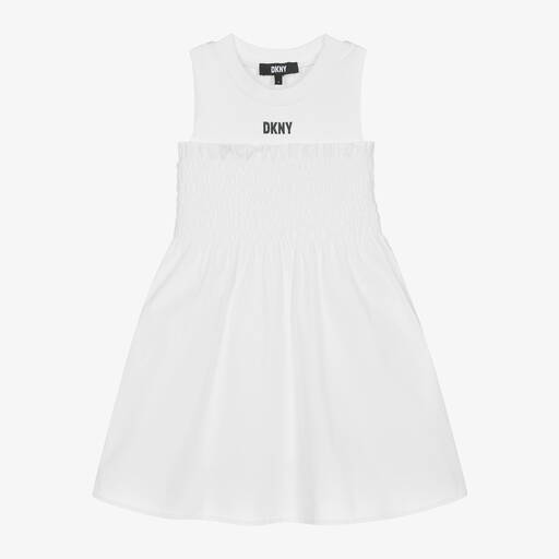 DKNY-Girls White Shirred Cotton Dress | Childrensalon