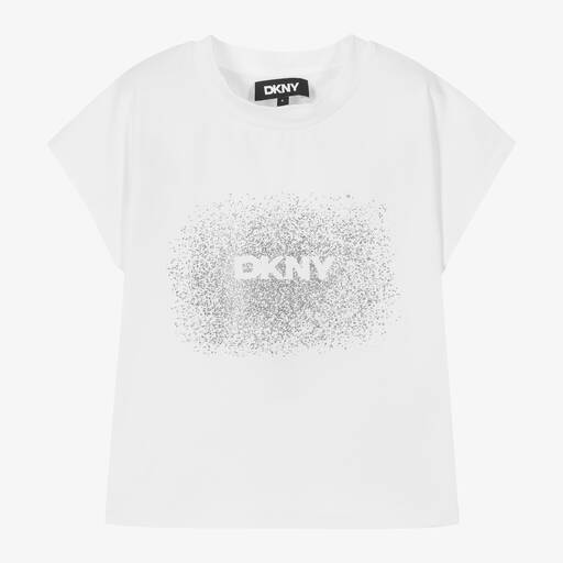 DKNY-Girls White & Silver Cotton T-Shirt | Childrensalon