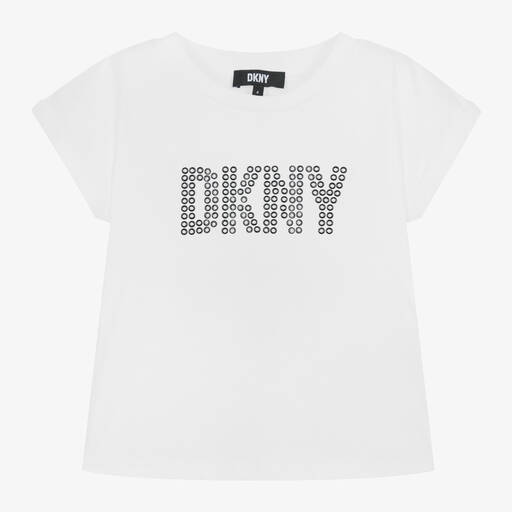 DKNY-Girls White Studded Cotton T-Shirt | Childrensalon