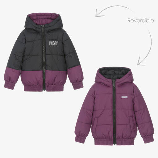 DKNY-Purple & Black Reversible Puffer Jacket | Childrensalon