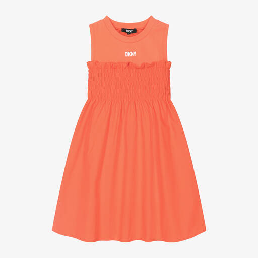 DKNY-Teen Girls Orange Shirred Cotton Dress | Childrensalon