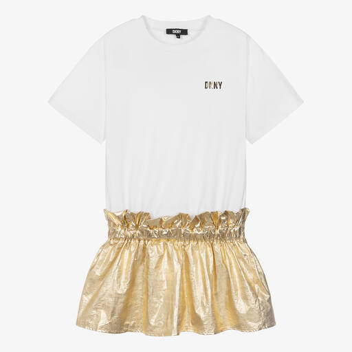 DKNY-فستان قطن جيرسي لون أبيض وذهبي للمراهقات | Childrensalon