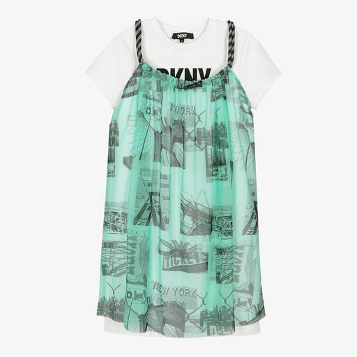 DKNY-فستان 2 في 1 ميلانو جيرسي وشبك لون أخضر وأبيض | Childrensalon
