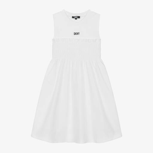 DKNY-فستان مزموم قطن لون أبيض للمراهقات | Childrensalon
