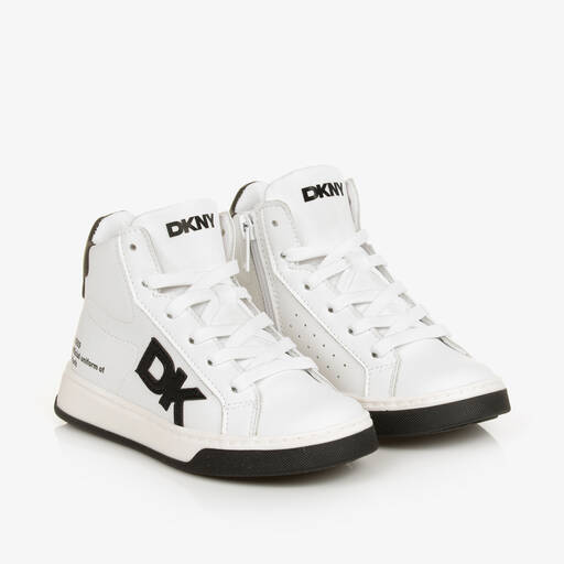 DKNY-White & Black Leather High-Top Trainers | Childrensalon