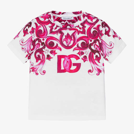 Dolce & Gabbana-Baby Girls Pink & White Majolica T-Shirt | Childrensalon