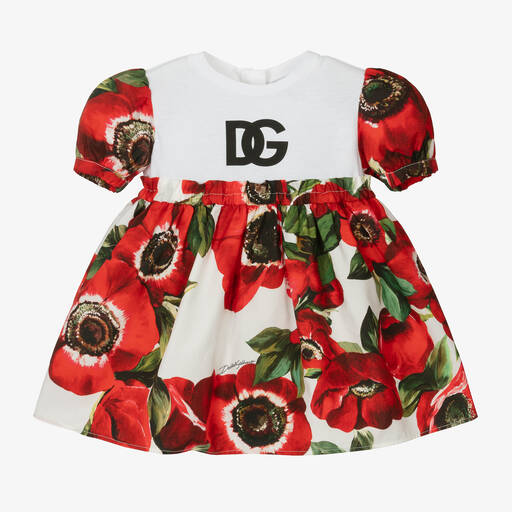 Dolce & Gabbana-فستان بطبعة Poppy قطن لون أحمر وأبيض | Childrensalon
