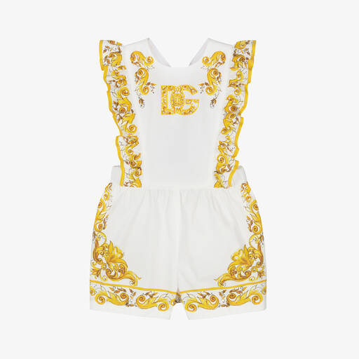 Dolce & Gabbana-بودي سوت بطبعة ماجوليكا قطن لون أبيض للمولودات | Childrensalon