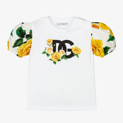 Dolce & Gabbana-Baby Girls White Puffed Sleeve Cotton T-Shirt | Childrensalon
