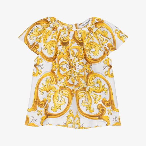 Dolce & Gabbana-Baby Girls Yellow Majolica Print Cotton Blouse | Childrensalon