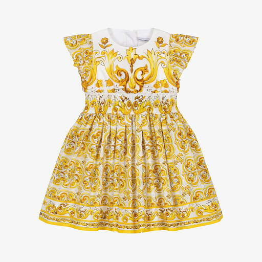 Dolce & Gabbana-Baby Girls Yellow Majolica Print Cotton Dress | Childrensalon