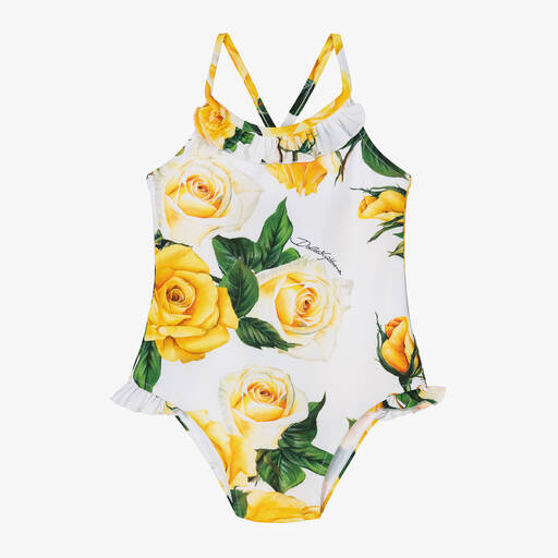 Dolce & Gabbana-Baby Girls Yellow Rose Print Swimsuit | Childrensalon
